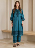 Women’s Teal Digital Print Linen Suit (2-Piece Set)