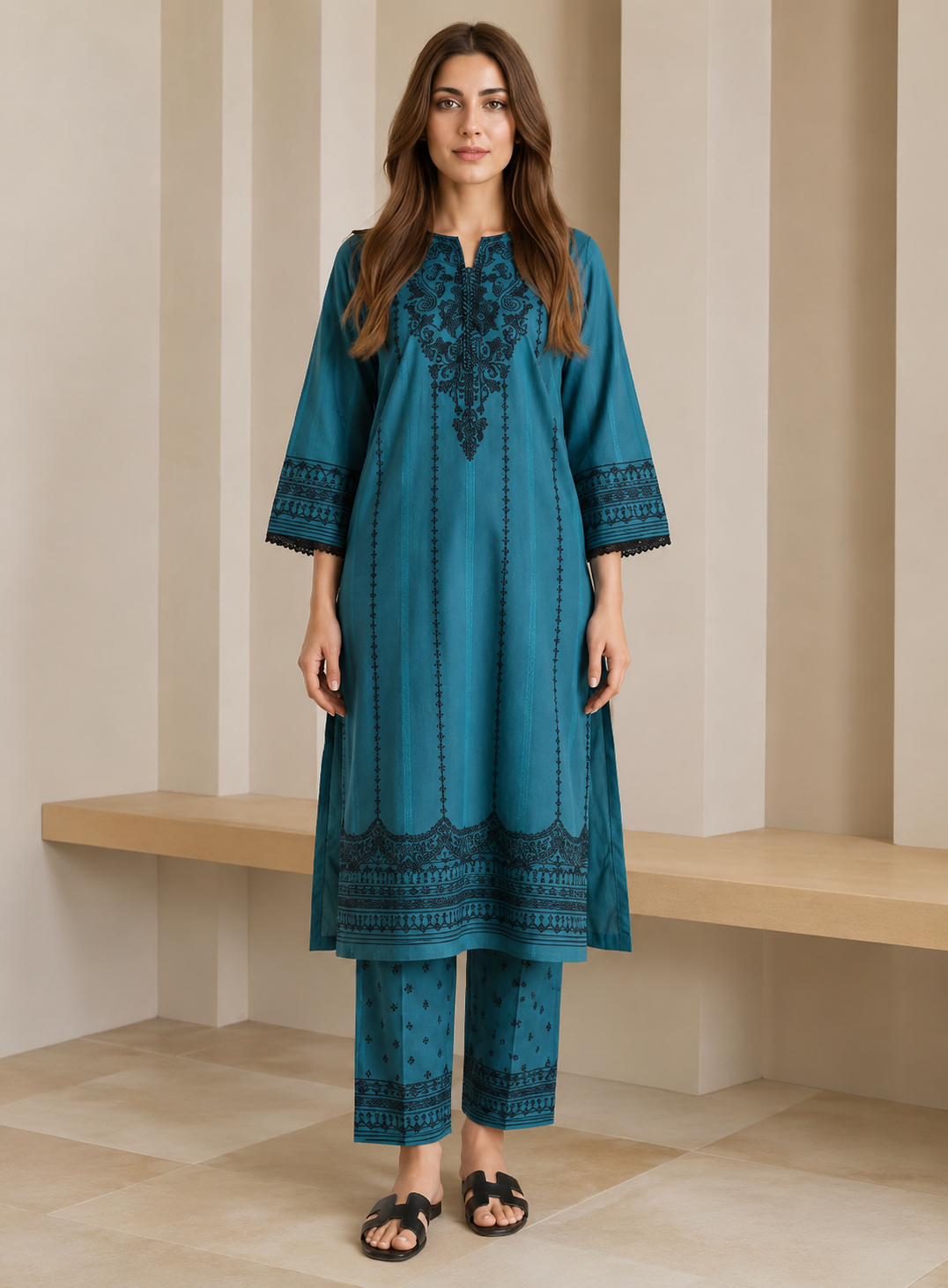 Women’s Teal Digital Print Linen Suit (2-Piece Set)