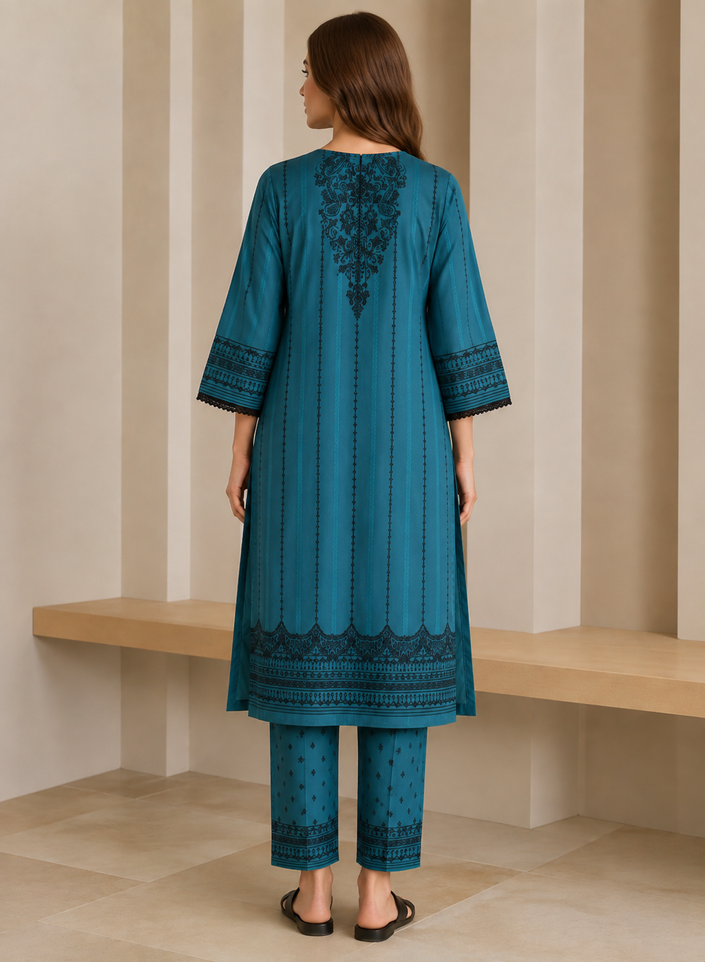 Women’s Teal Digital Print Linen Suit (2-Piece Set)