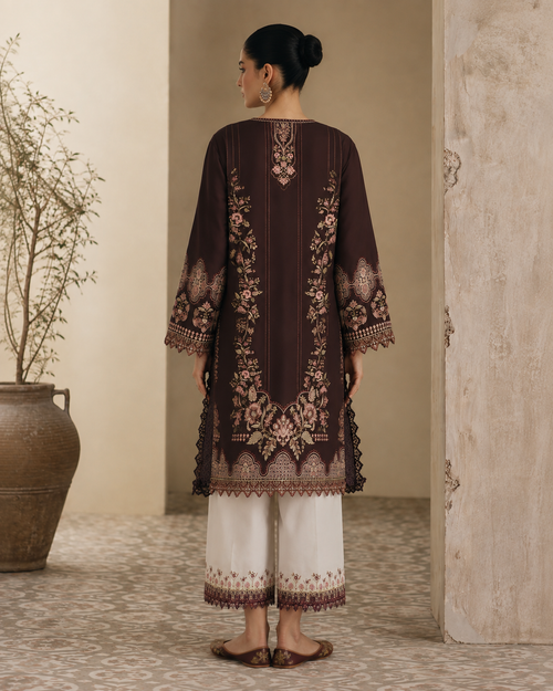 Dark Brown Floral Digital Printed Linen 2-Piece Set