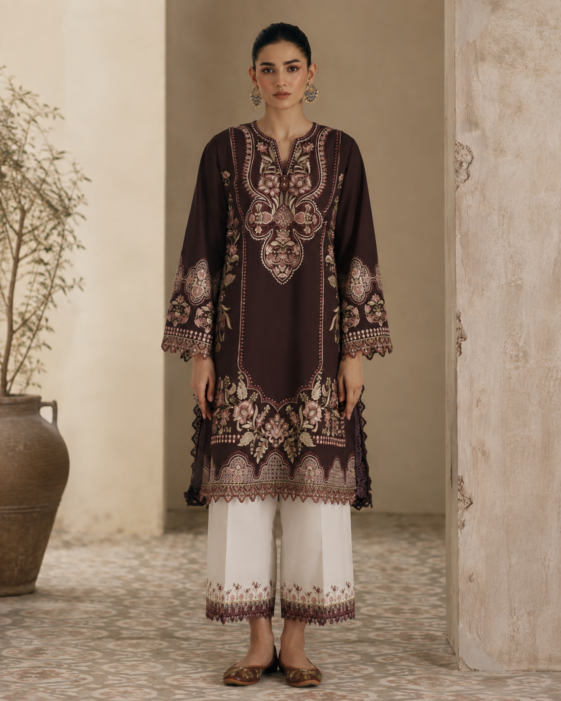 Dark Brown Floral Digital Printed Linen 2-Piece Set