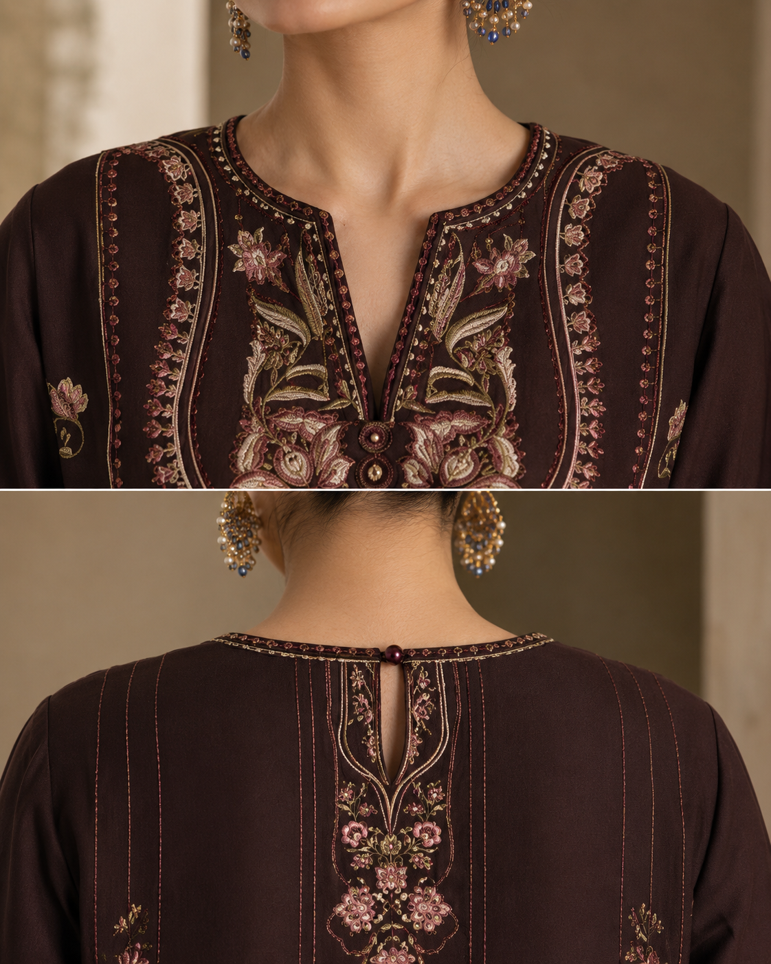 Dark Brown Floral Digital Printed Linen 2-Piece Set