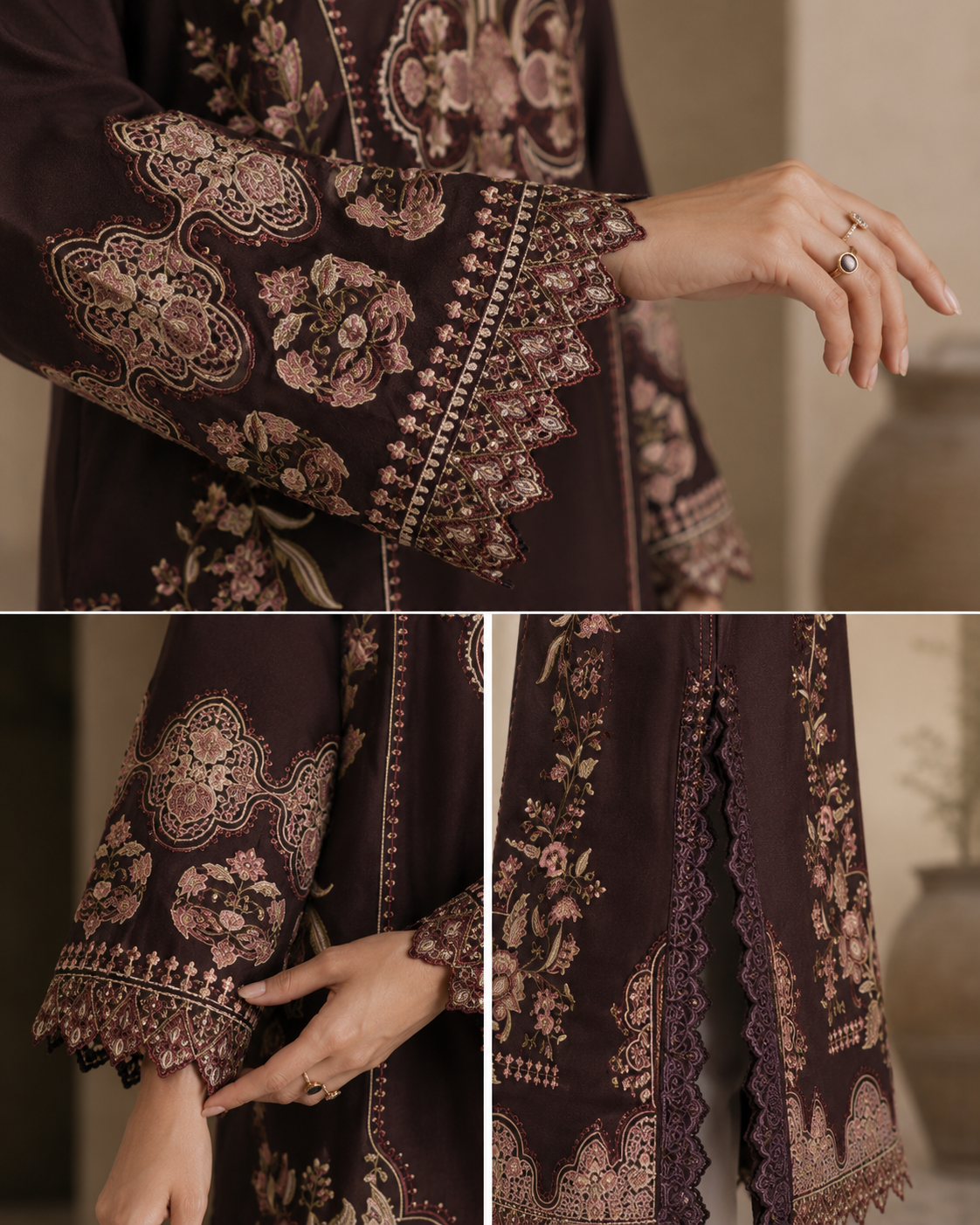 Dark Brown Floral Digital Printed Linen 2-Piece Set