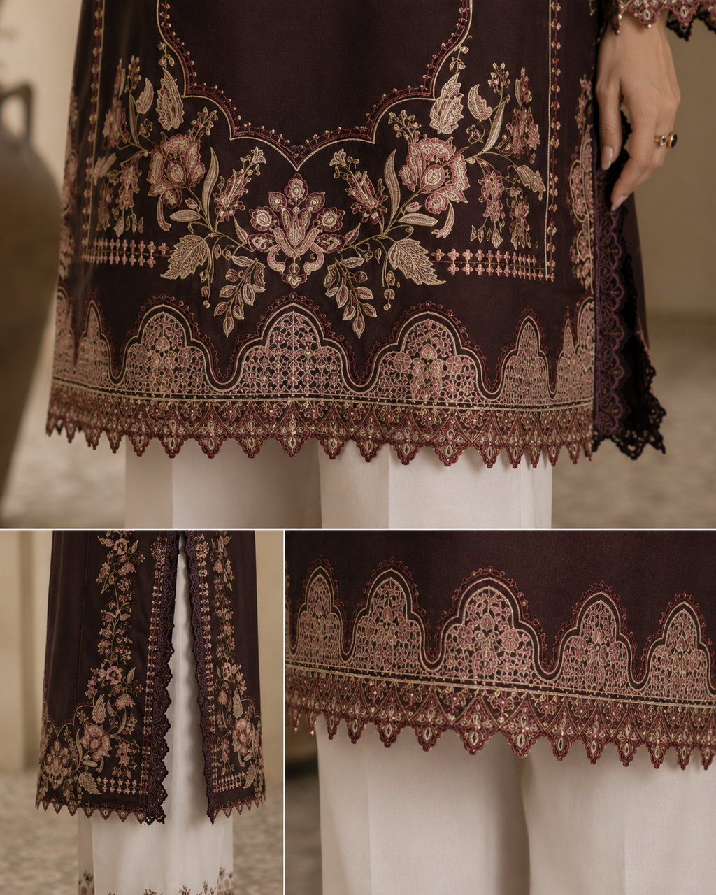 Dark Brown Floral Digital Printed Linen 2-Piece Set